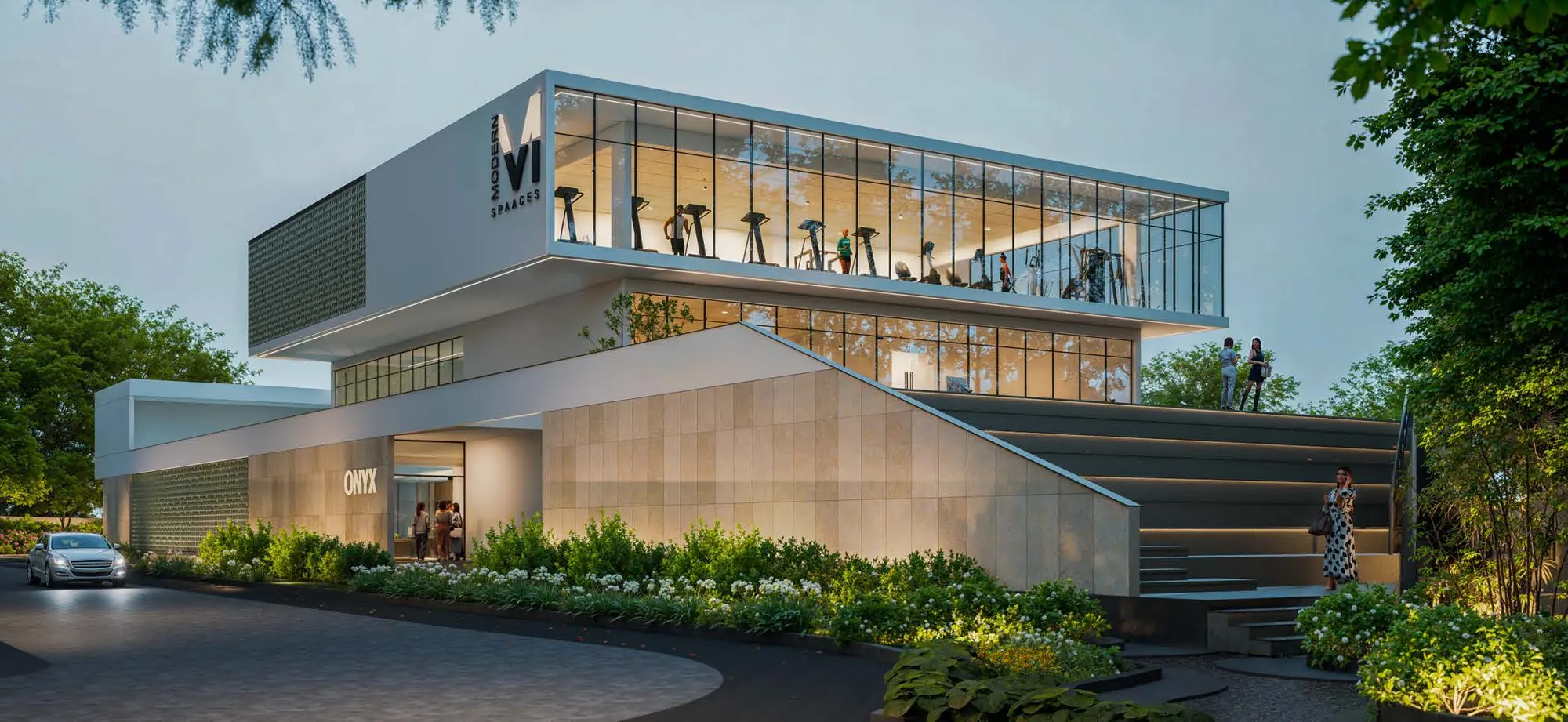 Onyx by Modern Spaaces clubhouse with a glass-walled gym, render