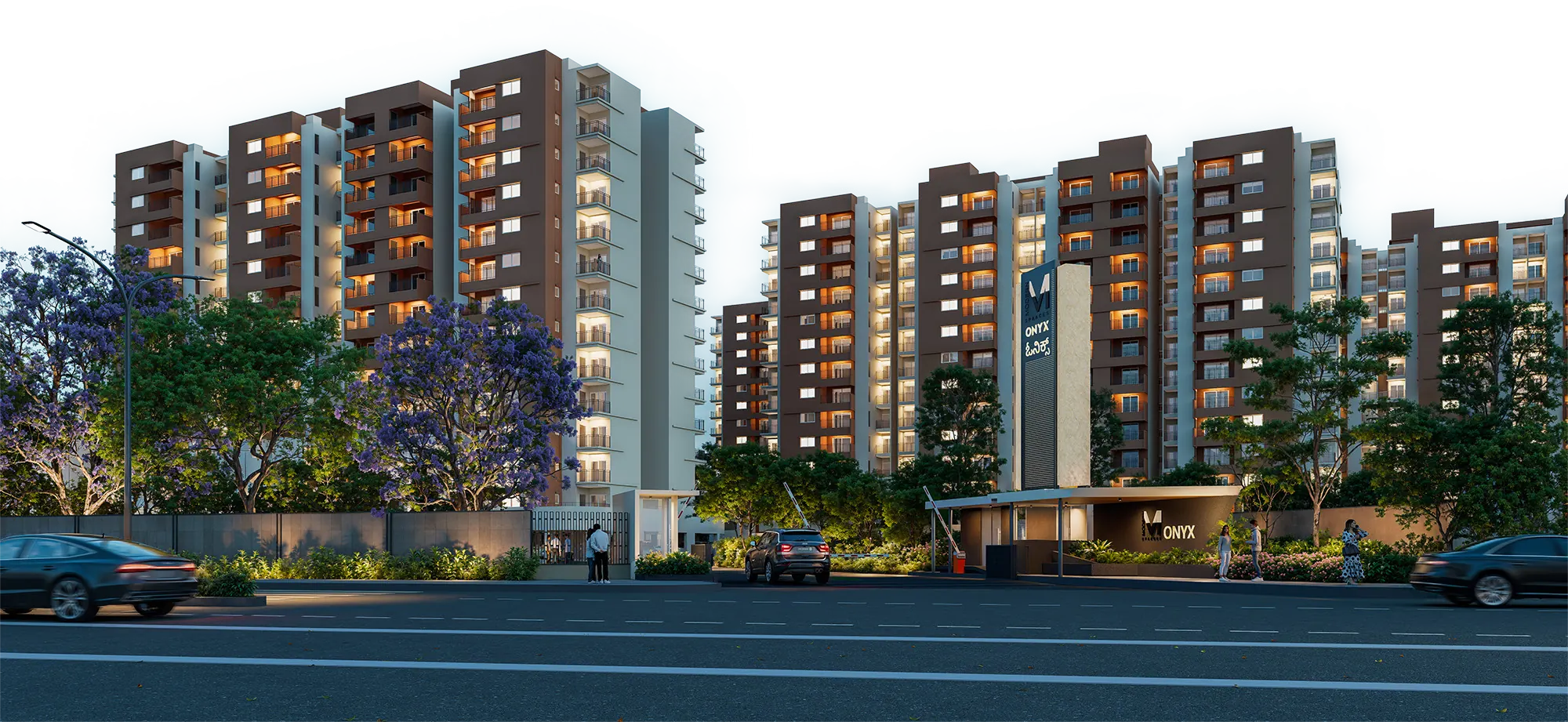Onyx by Modern Spaaces towers at night, elevation render
