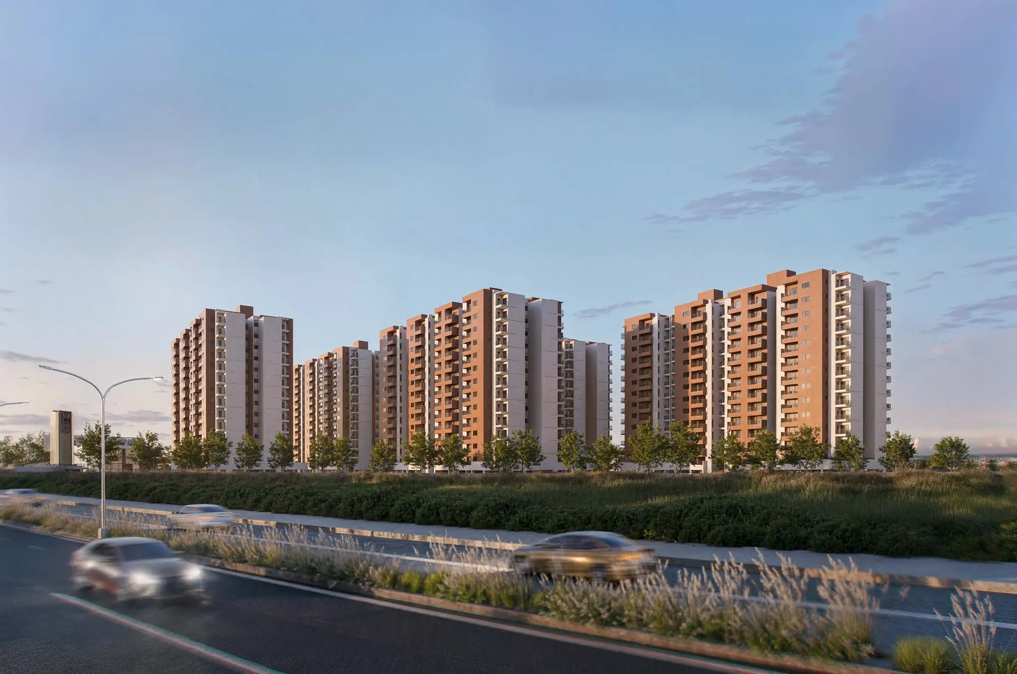 Onyx by Modern Spaaces towers on NH 648 near Sarjapur Road, Bengaluru, architectural render at dusk